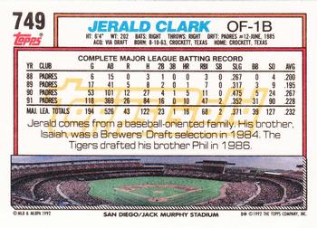 1992 Topps - Gold #749 Jerald Clark Back