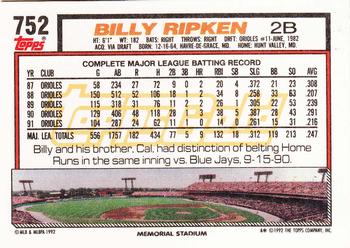 1992 Topps - Gold #752 Billy Ripken Back