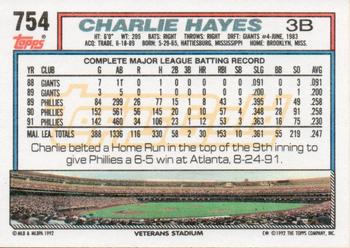 1992 Topps - Gold #754 Charlie Hayes Back