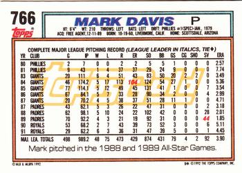 1992 Topps - Gold #766 Mark Davis Back