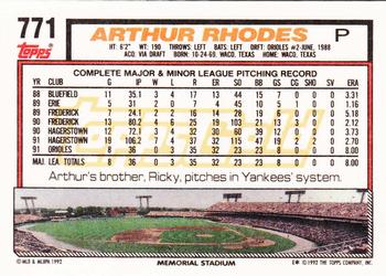 1992 Topps - Gold #771 Arthur Rhodes Back