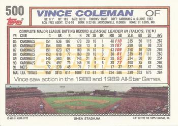 1992 Topps - Gold #500 Vince Coleman Back