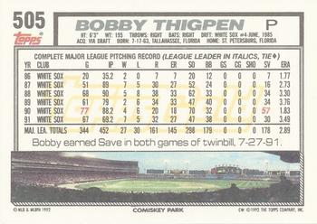 1992 Topps - Gold #505 Bobby Thigpen Back