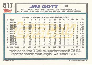 1992 Topps - Gold #517 Jim Gott Back