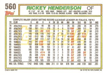 1992 Topps - Gold #560 Rickey Henderson Back
