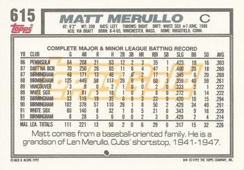 1992 Topps - Gold #615 Matt Merullo Back