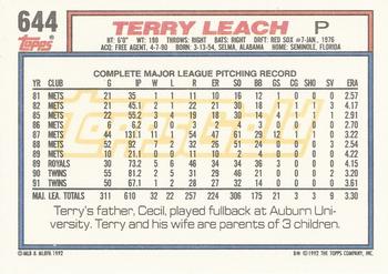 1992 Topps - Gold #644 Terry Leach Back