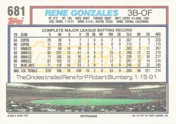 1992 Topps - Gold #681 Rene Gonzales Back