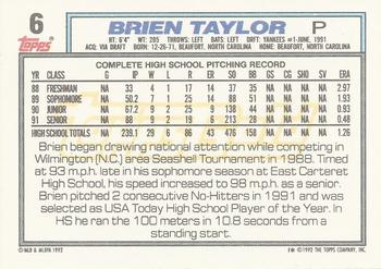 1992 Topps - Gold #6 Brien Taylor Back