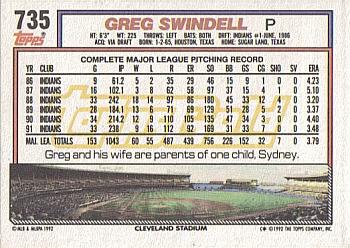 1992 Topps - Gold #735 Greg Swindell Back