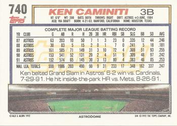 1992 Topps - Gold #740 Ken Caminiti Back