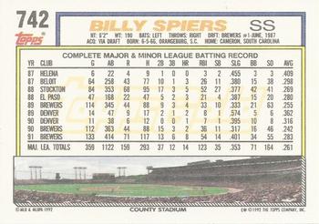 1992 Topps - Gold #742 Bill Spiers Back