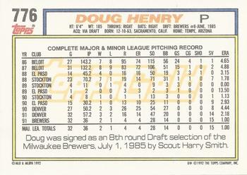 1992 Topps - Gold #776 Doug Henry Back