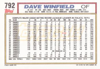 1992 Topps - Gold #792 Dave Winfield Back