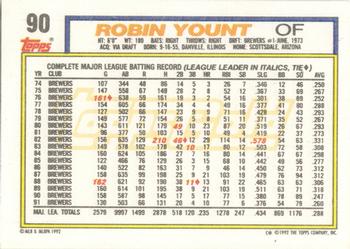 1992 Topps - Gold #90 Robin Yount Back