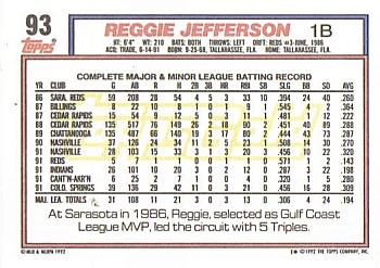 1992 Topps - Gold #93 Reggie Jefferson Back