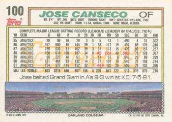 1992 Topps - Gold Winners #100 Jose Canseco Back