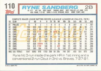 1992 Topps - Gold Winners #110 Ryne Sandberg Back