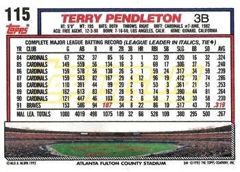1992 Topps - Gold Winners #115 Terry Pendleton Back