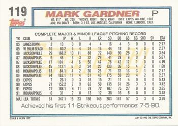 1992 Topps - Gold Winners #119 Mark Gardner Back