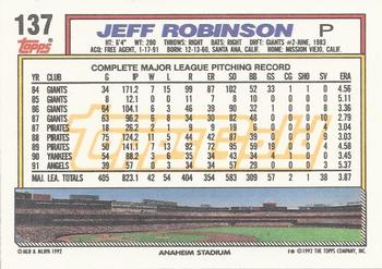 1992 Topps - Gold Winners #137 Jeff Robinson Back