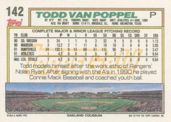 1992 Topps - Gold Winners #142 Todd Van Poppel Back
