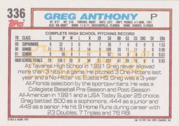 1992 Topps - Gold Winners #336 Greg Anthony Back