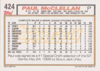 1992 Topps - Gold Winners #424 Paul McClellan Back