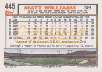 1992 Topps - Gold Winners #445 Matt Williams Back