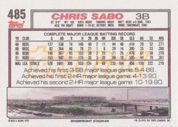 1992 Topps - Gold Winners #485 Chris Sabo Back