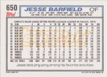 1992 Topps - Gold Winners #650 Jesse Barfield Back