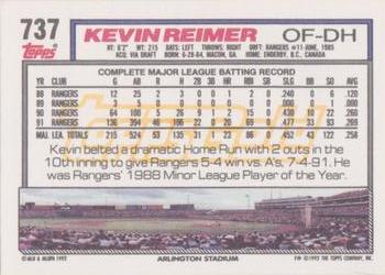 1992 Topps - Gold Winners #737 Kevin Reimer Back