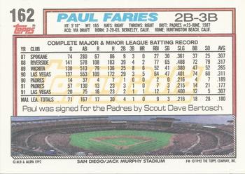 1992 Topps - Gold Winners #162 Paul Faries Back