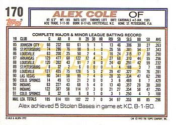 1992 Topps - Gold Winners #170 Alex Cole Back