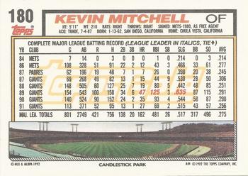 1992 Topps - Gold Winners #180 Kevin Mitchell Back