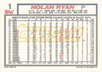 1992 Topps - Gold Winners #1 Nolan Ryan Back