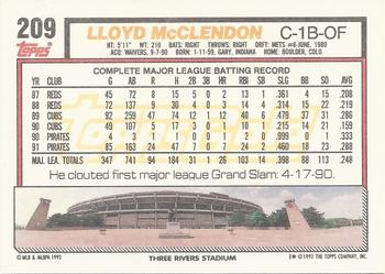 1992 Topps - Gold Winners #209 Lloyd McClendon Back