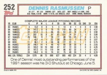 1992 Topps - Gold Winners #252 Dennis Rasmussen Back