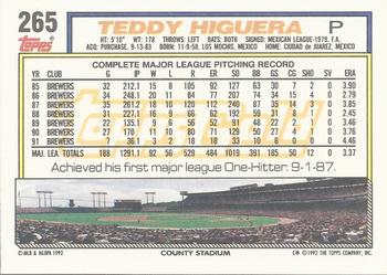 1992 Topps - Gold Winners #265 Teddy Higuera Back