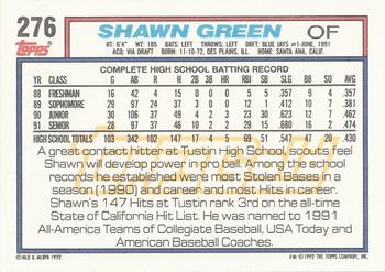 1992 Topps - Gold Winners #276 Shawn Green Back