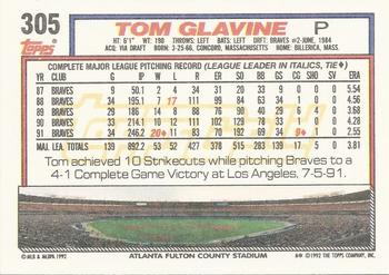 1992 Topps - Gold Winners #305 Tom Glavine Back