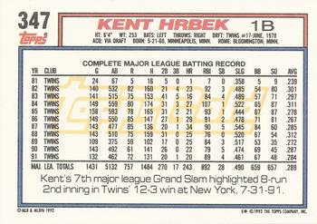 1992 Topps - Gold Winners #347 Kent Hrbek Back