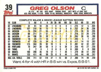 1992 Topps - Gold Winners #39 Greg Olson Back