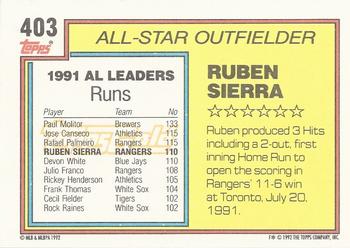 1992 Topps - Gold Winners #403 Ruben Sierra Back