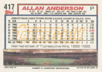1992 Topps - Gold Winners #417 Allan Anderson Back