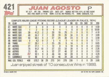 1992 Topps - Gold Winners #421 Juan Agosto Back