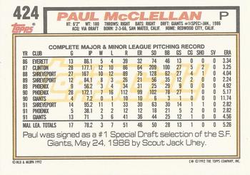1992 Topps - Gold Winners #424 Paul McClellan Back