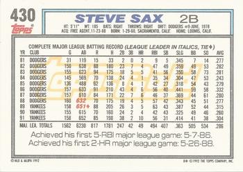1992 Topps - Gold Winners #430 Steve Sax Back