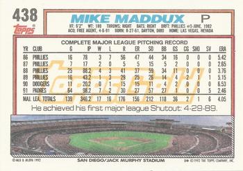 1992 Topps - Gold Winners #438 Mike Maddux Back