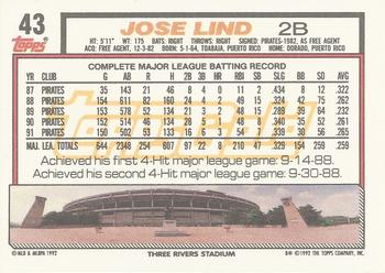 1992 Topps - Gold Winners #43 Jose Lind Back